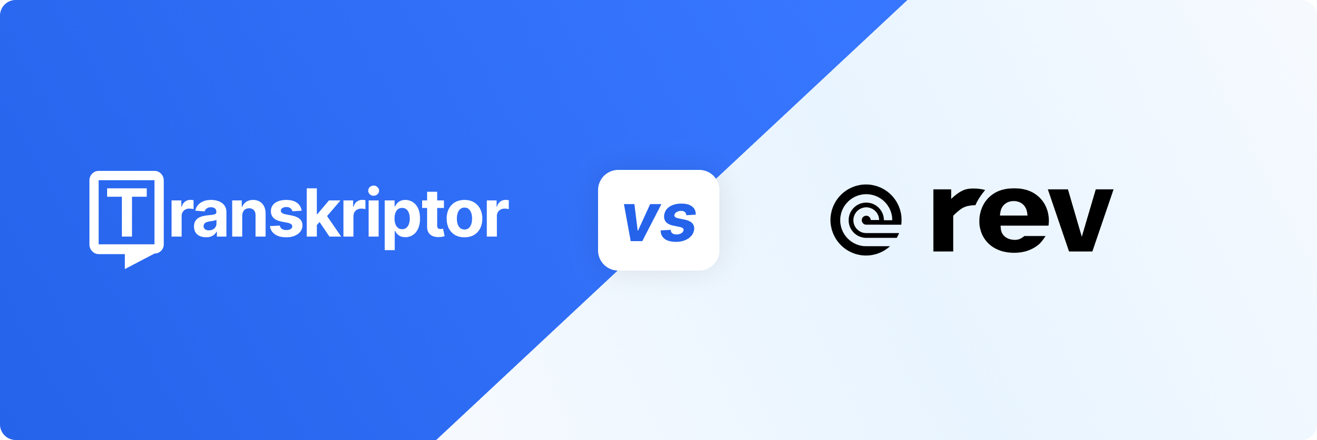 Transkriptor vs Rev comparison image with logos on a split blue and white background.