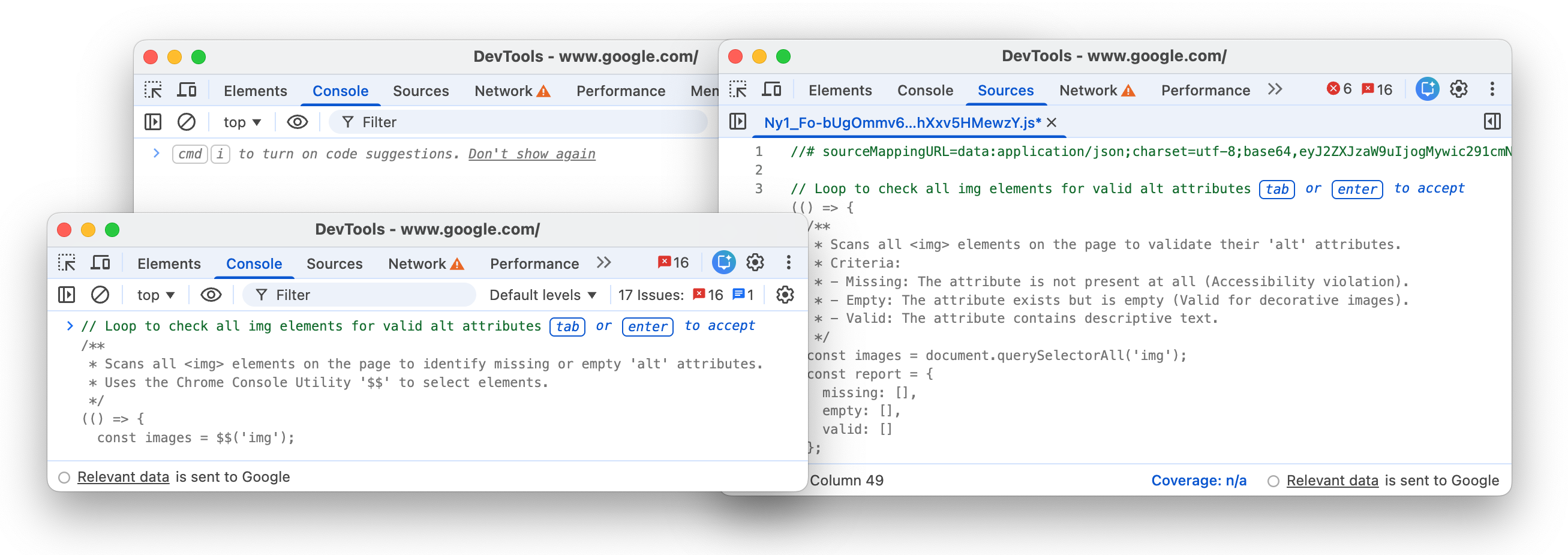 Code generation feature in the Console and Sources panels.