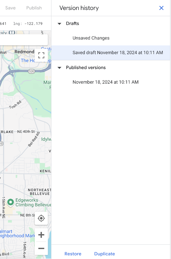 A screenshot of the Maps Styles' Versions panel in the Google Cloud Console. The Save and Publish buttons are above the panel, the version-specific Restore and Duplicate buttons are at the bottom of the Version History panel, and several Draft and Published versions are listed.