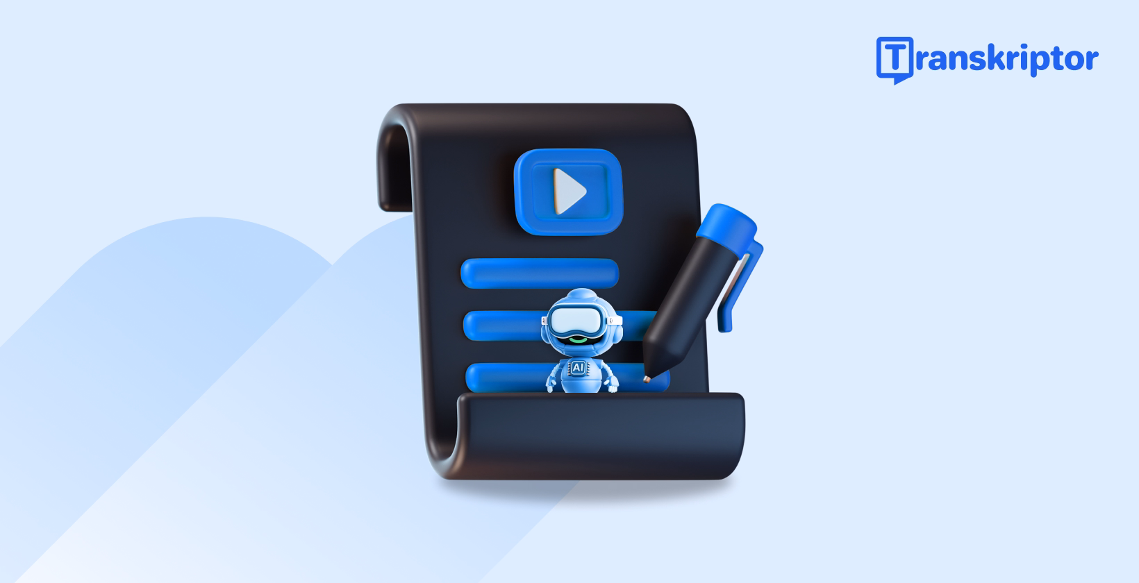 Schwarze Schriftrolle mit einem Wiedergabesymbol, einem Stift und einem AI-Roboter, der ein AI-gestütztes Tool zur Videozusammenfassung symbolisiert.