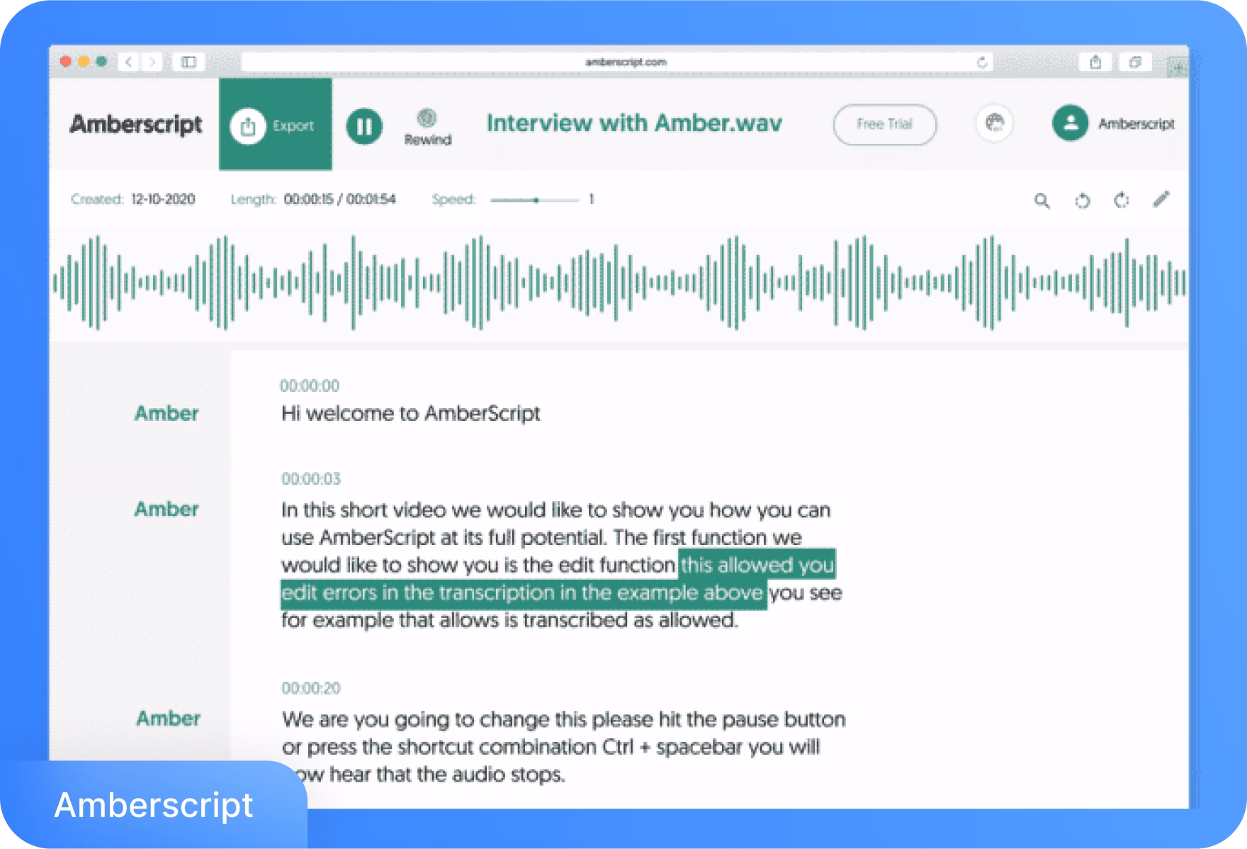 Amberscript interface showing transcription editing features.