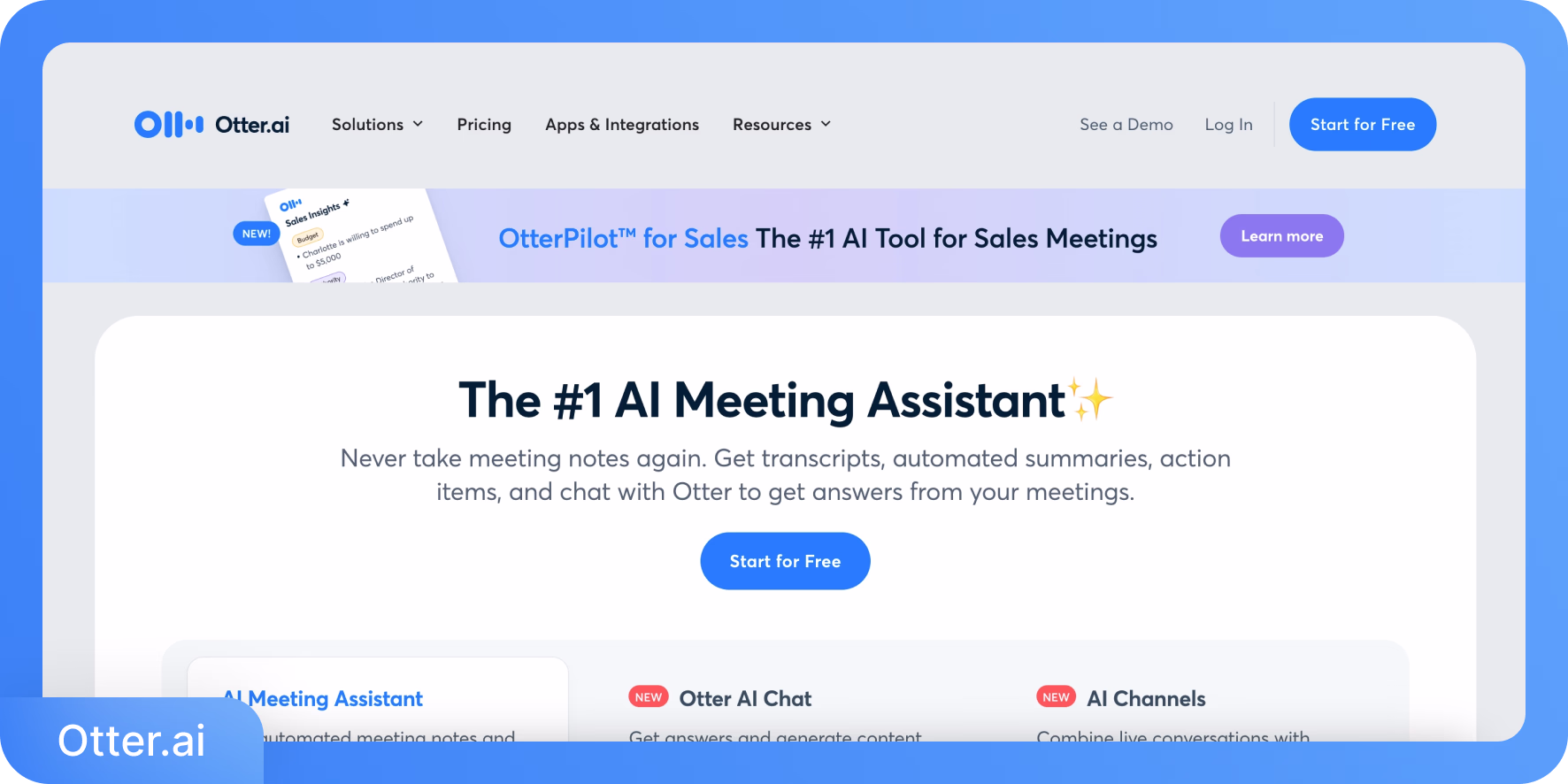 Otter.ai homepage showcasing their AI meeting assistant platform with sales features