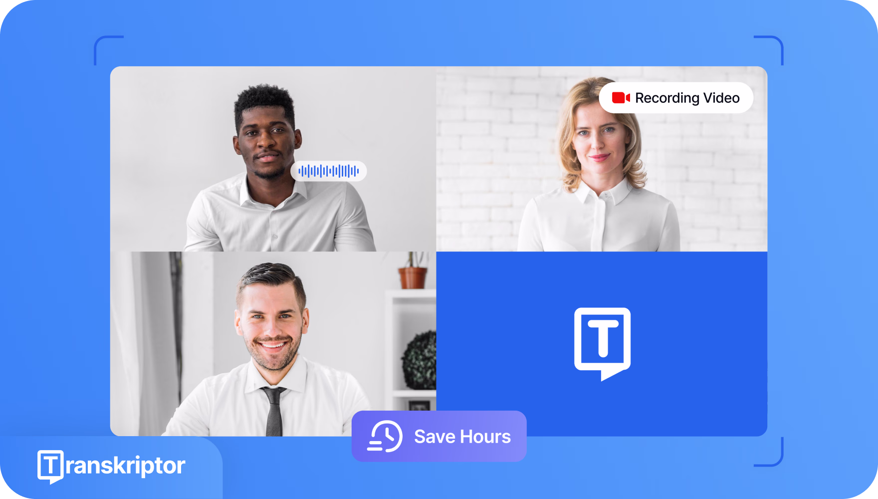 Transkriptor tool interface showing video call and transcription features.