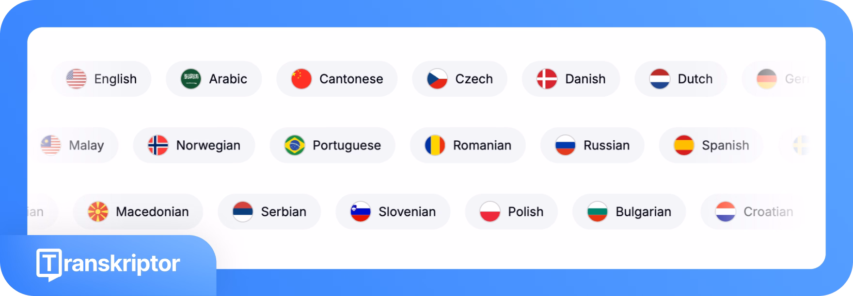 Transkriptor language options including English, Arabic, Cantonese, and more.