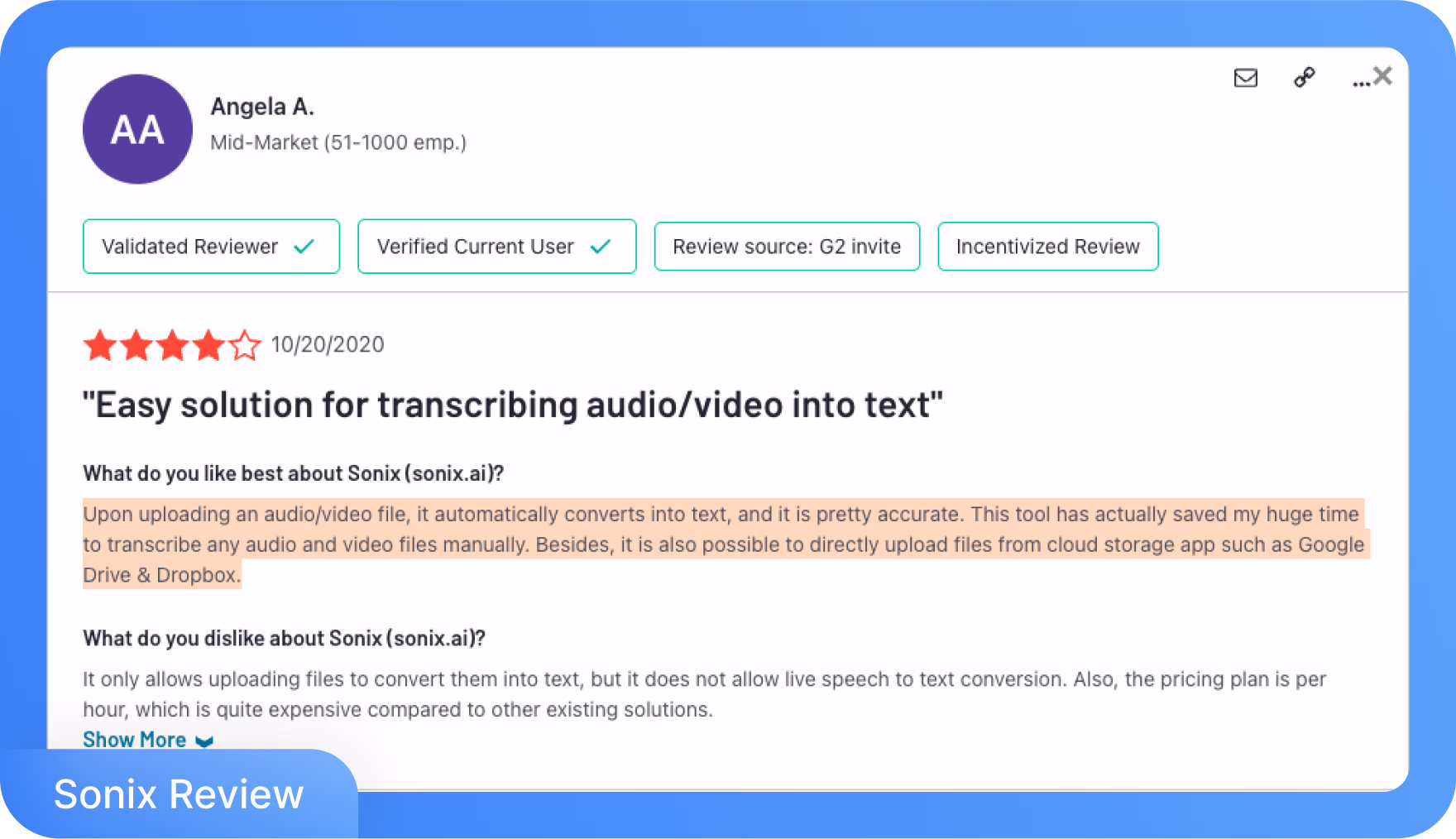G2 review highlighting Sonix as an easy audio and video transcription tool.