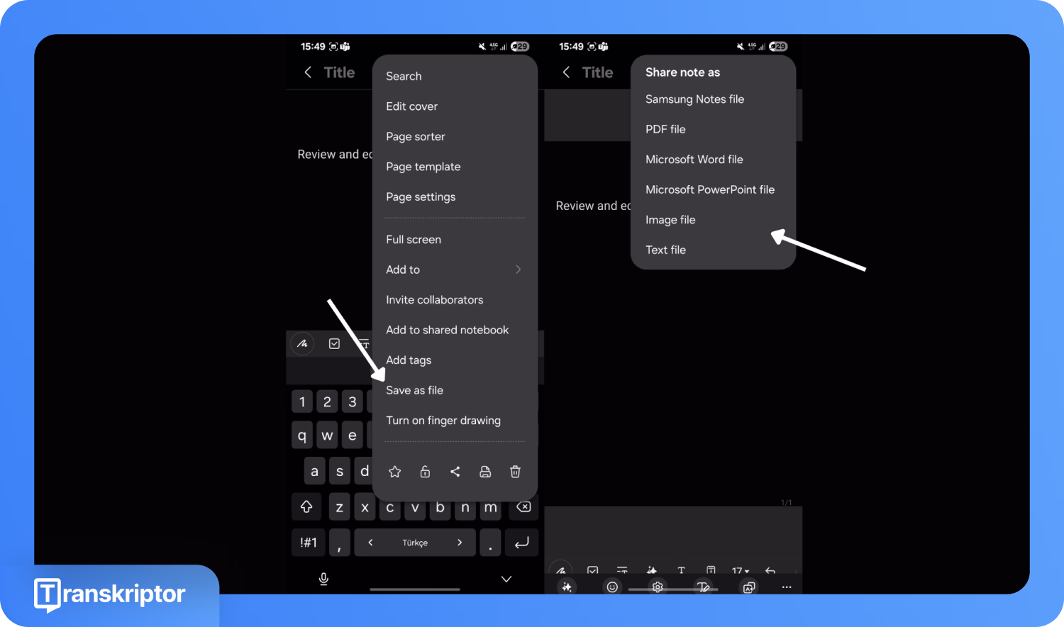 Samsung Notes app displaying export options including text file and document formats